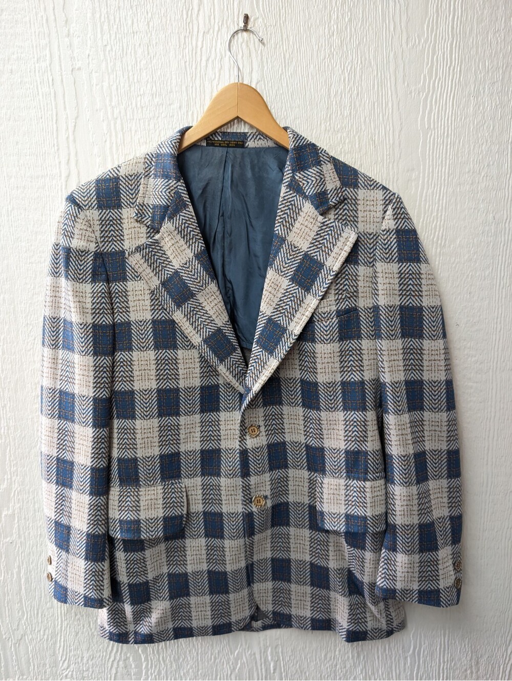 Vintage 70s Sportsman Knits Richman Brothers Blue Plaid Blazer Coat Academia 40L